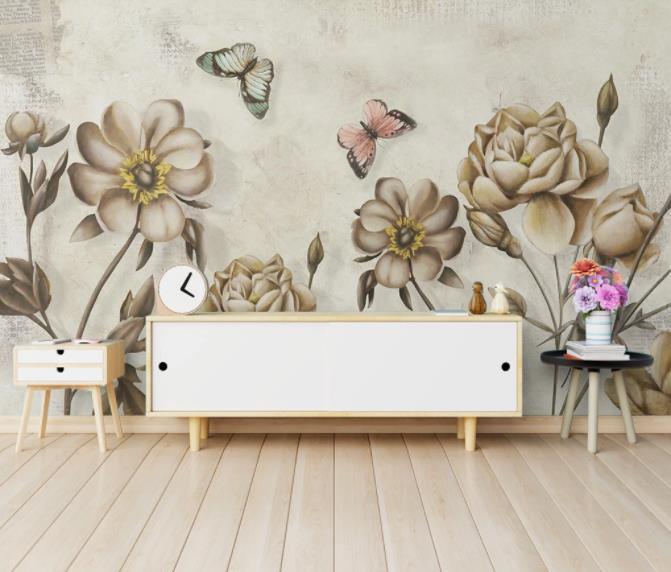3D Hand Painted Flower Butterfly Wall Mural Wallpaper 255- Jess Art Decoration