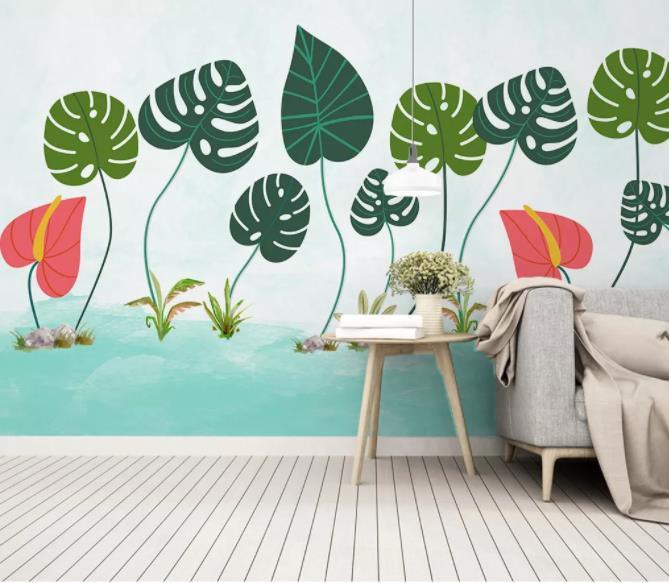 3D Hand Painted Green Leaves Wall Mural Wallpaper 274- Jess Art Decoration