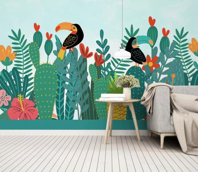 3D Hand Painted Cactus Bird Wall Mural Wallpaper 275- Jess Art Decoration