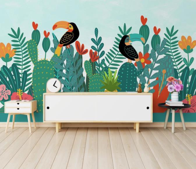 3D Hand Painted Cactus Bird Wall Mural Wallpaper 275- Jess Art Decoration