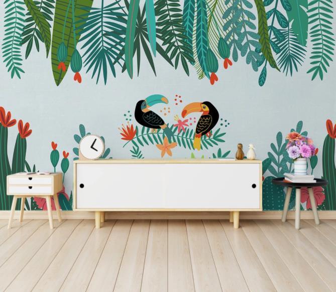 3D Hand Painted Cactus Bird Wall Mural Wallpaper 276- Jess Art Decoration