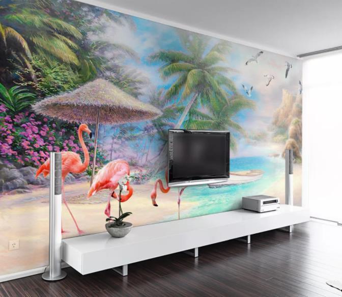 3D Hand Painted Flamingo Coconut Tree Wall Mural Wallpaper 281- Jess Art Decoration