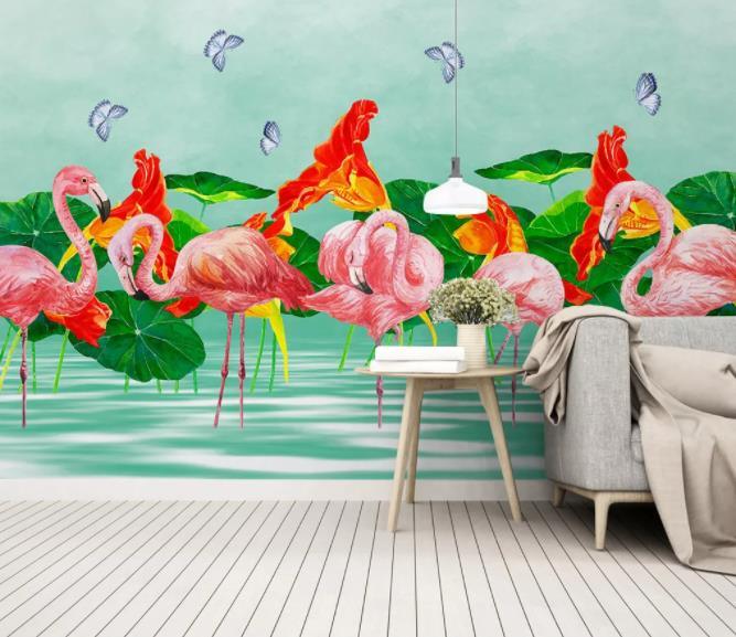 3D Hand Painted Flamingo Lotus Wall Mural Wallpaper 284- Jess Art Decoration