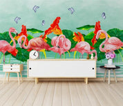 3D Hand Painted Flamingo Lotus Wall Mural Wallpaper 284- Jess Art Decoration