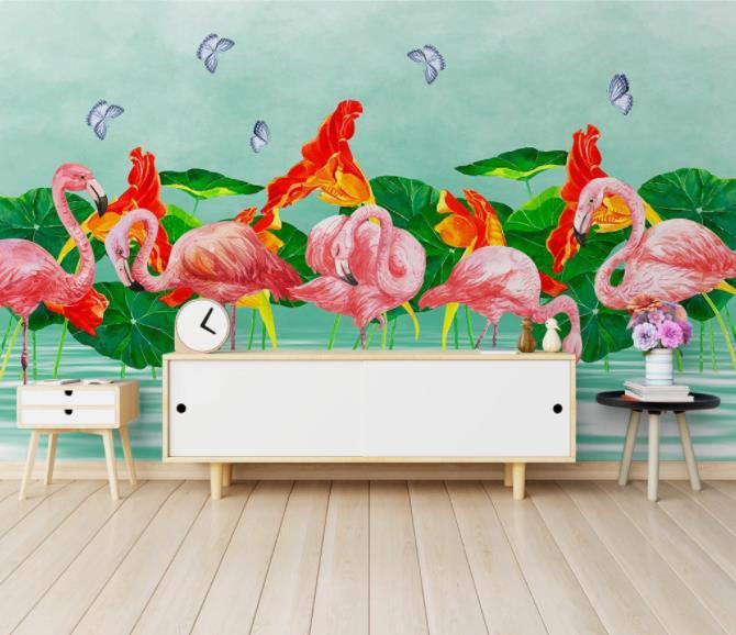 3D Hand Painted Flamingo Lotus Wall Mural Wallpaper 284- Jess Art Decoration