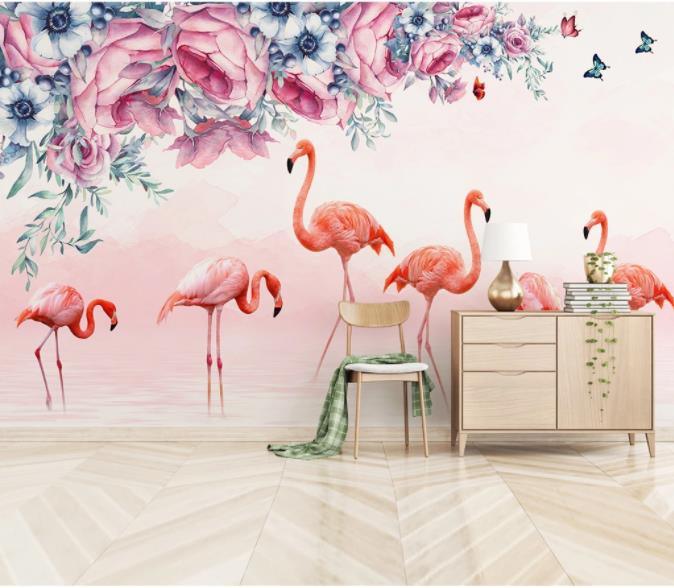 3D Hand Painted Flowers Flamingo Wall Mural Wallpaper 51- Jess Art Decoration