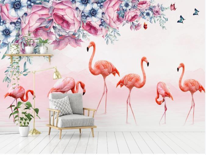 3D Hand Painted Flowers Flamingo Wall Mural Wallpaper 51- Jess Art Decoration