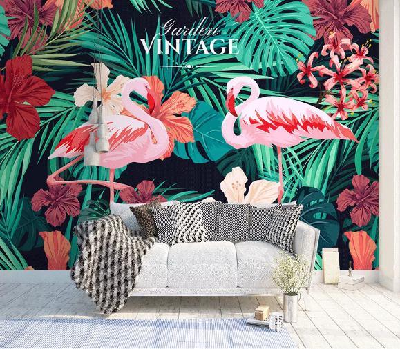 3D Hand Painted Tropical Leaf Flamingo Wall Mural Wallpaper 40- Jess Art Decoration