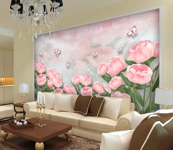 3D Hand Painted Pink Tulip Wall Mural Wallpaper 165- Jess Art Decoration