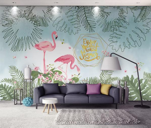 3D Hand Painted Leaf Flamingo Wall Mural Wallpaper 203- Jess Art Decoration