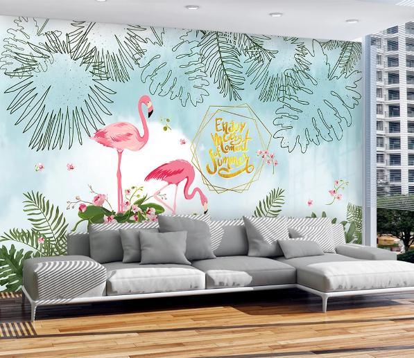 3D Hand Painted Leaf Flamingo Wall Mural Wallpaper 203- Jess Art Decoration