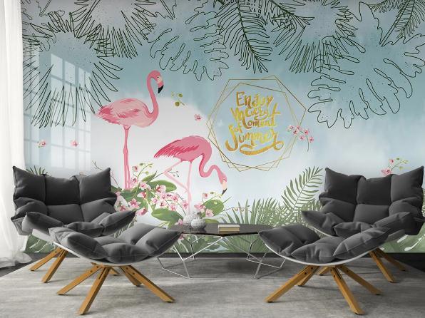 3D Hand Painted Leaf Flamingo Wall Mural Wallpaper 203- Jess Art Decoration