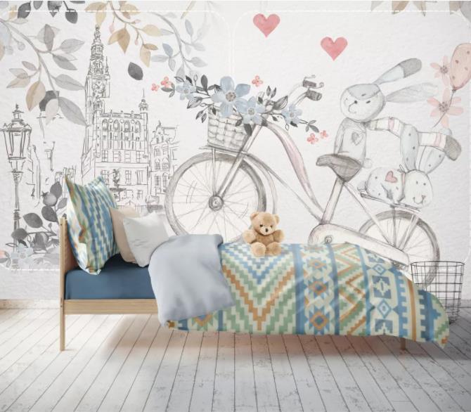 3D Cartoon Grey Rabbit Bike Wall Mural Wallpaper 66- Jess Art Decoration