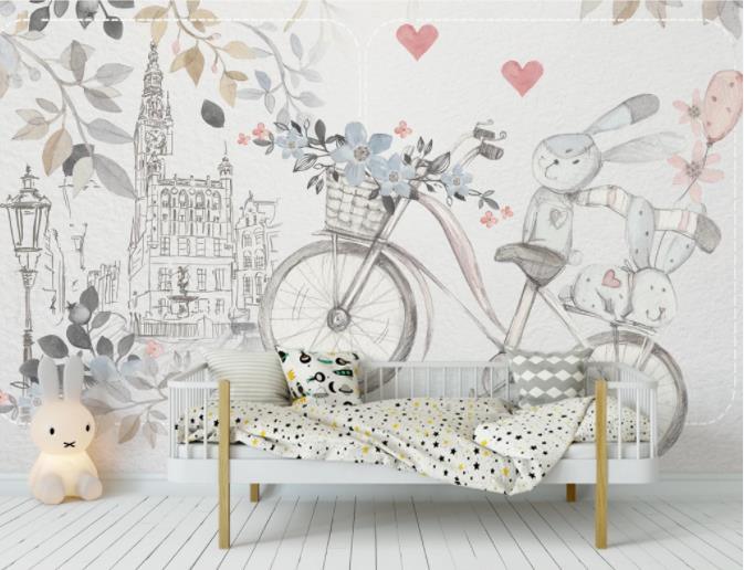 3D Cartoon Grey Rabbit Bike Wall Mural Wallpaper 66- Jess Art Decoration