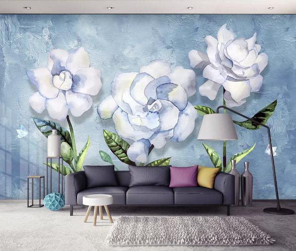 3D Hand Painted Blue Flowers Wall Mural Wallpaper 238- Jess Art Decoration