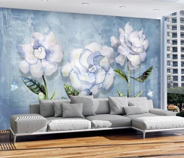 3D Hand Painted Blue Flowers Wall Mural Wallpaper 238- Jess Art Decoration