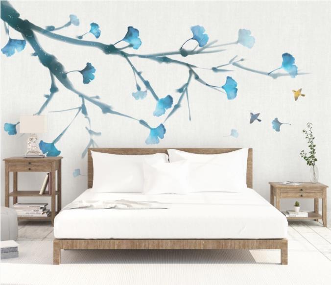 3D Hand Painted Blue Ginkgo Leaf Wall Mural Wallpaper 82- Jess Art Decoration