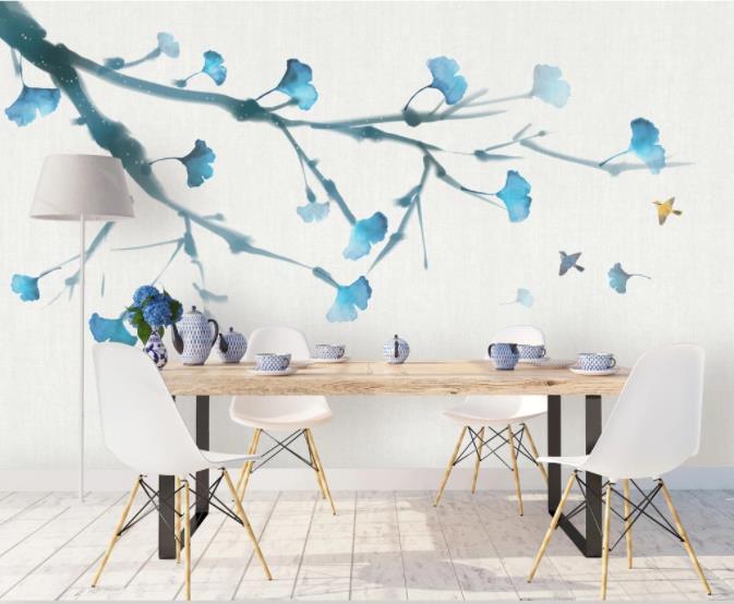 3D Hand Painted Blue Ginkgo Leaf Wall Mural Wallpaper 82- Jess Art Decoration