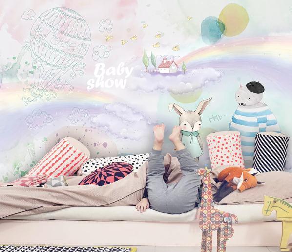 3D Cartoon Rabbit Rainbow Wall Mural Wallpaper 189- Jess Art Decoration