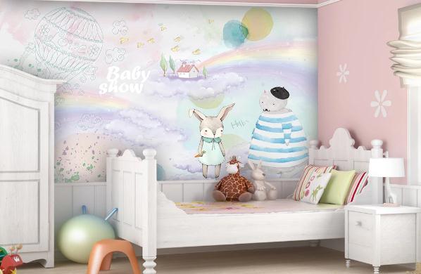 3D Cartoon Rabbit Rainbow Wall Mural Wallpaper 189- Jess Art Decoration