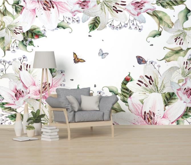 3D Hand Painted Lily Butterfly Wall Mural Wallpaper 109- Jess Art Decoration