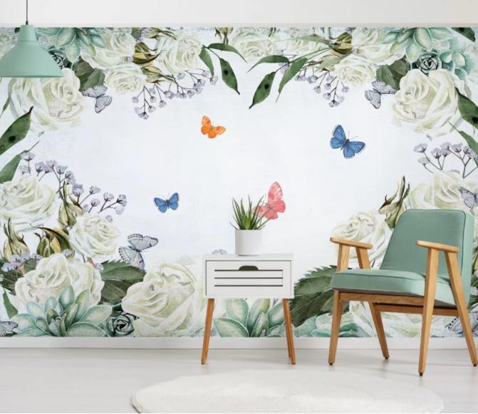 3D Hand Painted Flower Butterfly Wall Mural Wallpaper 129- Jess Art Decoration