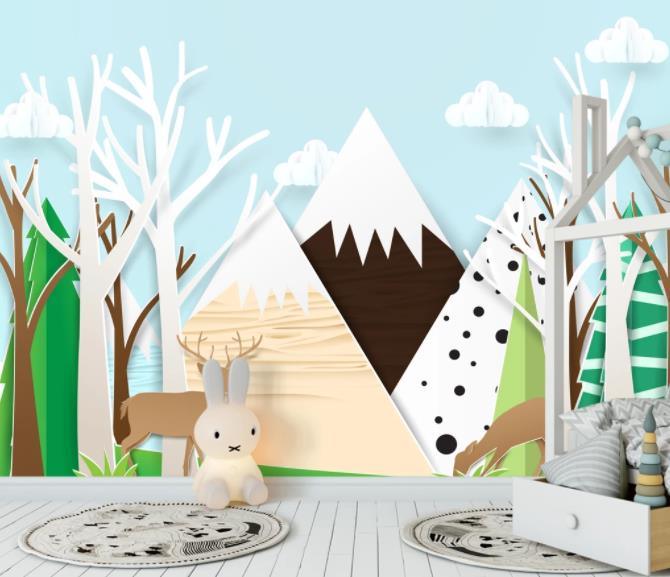 3D Cartoon Mountain Tree Wall Mural Wallpaper 156- Jess Art Decoration