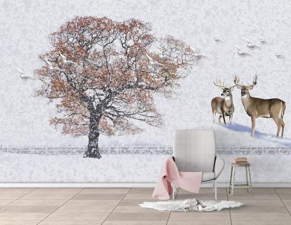 3D Hand Painted Tree Elk Wall Mural Wallpaper 84- Jess Art Decoration