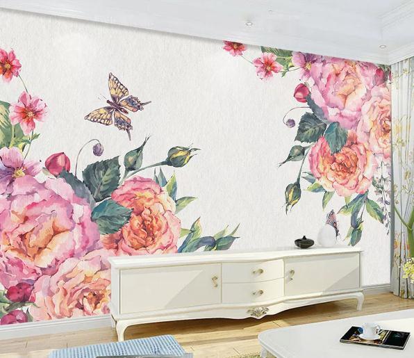 3D Hand Painted Peony Butterfly Wall Mural Wallpaper 144- Jess Art Decoration