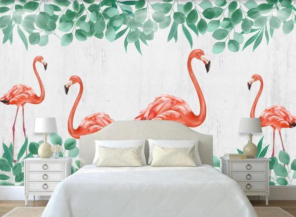 3D Hand Painted Leaf Flamingo Wall Mural Wallpaper 218- Jess Art Decoration