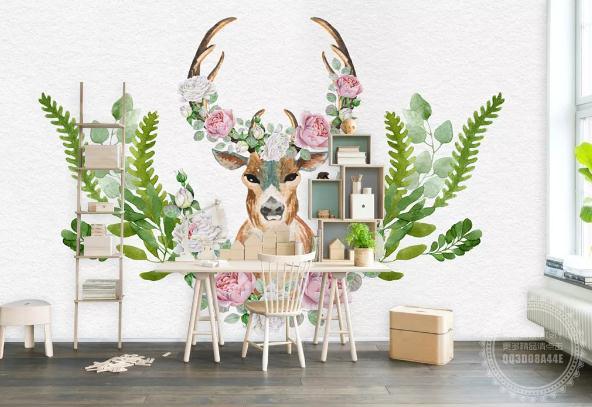 3D Hand Painted Elk Green Leaves Wall Mural Wallpaper 209- Jess Art Decoration