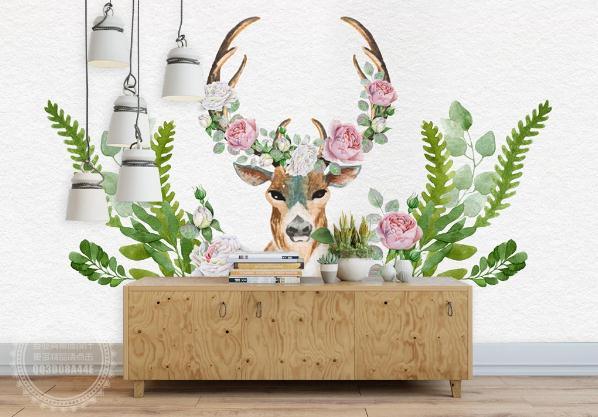 3D Hand Painted Elk Green Leaves Wall Mural Wallpaper 209- Jess Art Decoration