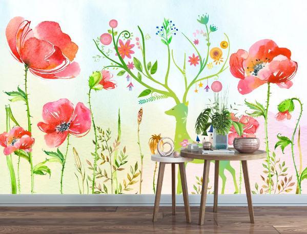 3D Hand Painted Elk Pink Flowers Wall Mural Wallpaper 127- Jess Art Decoration