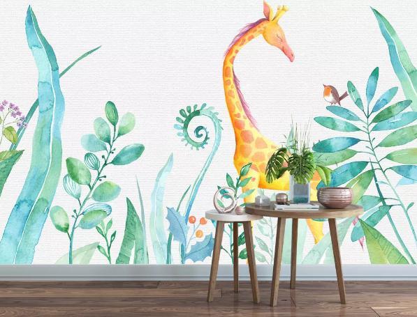 3D Hand Painted Green Leaf Giraffe Wall Mural Wallpaper 123- Jess Art Decoration