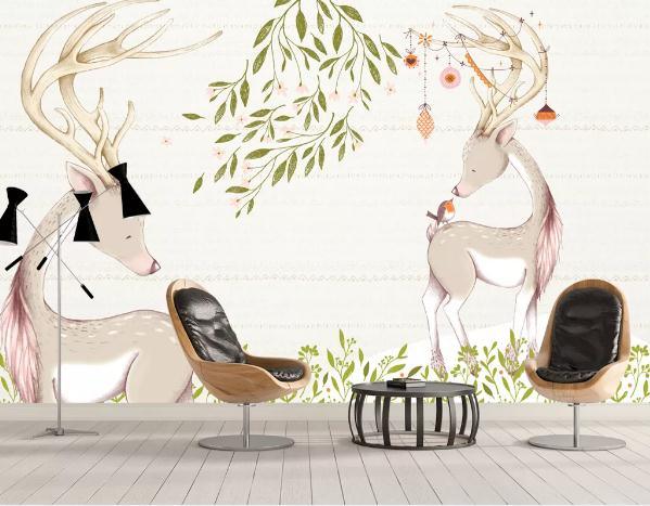 3D Hand Painted Elk Tree Wall Mural Wallpaper 145- Jess Art Decoration