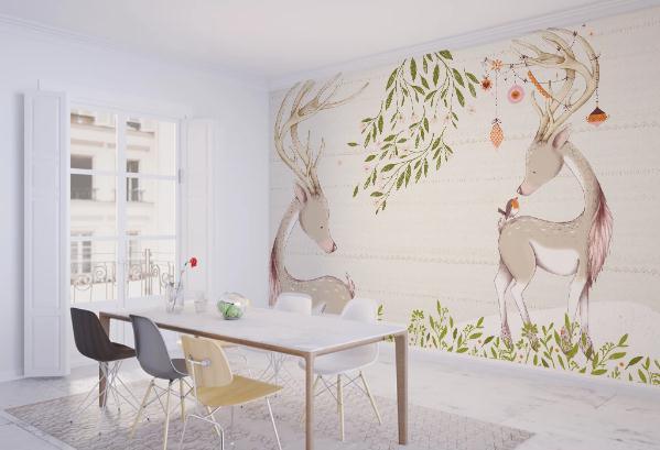 3D Hand Painted Elk Tree Wall Mural Wallpaper 145- Jess Art Decoration