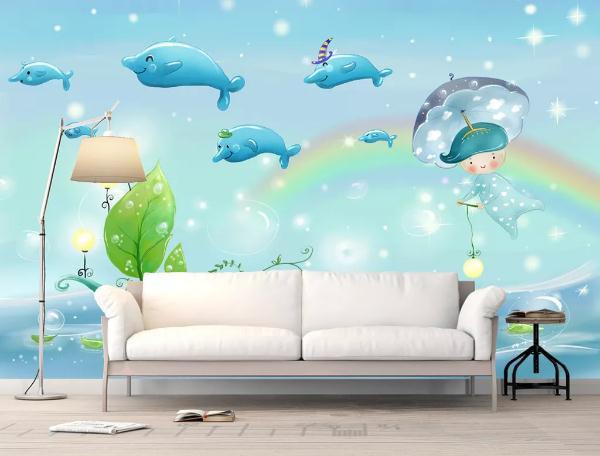 3D Cartoon Dolphin Rainbow Wall Mural Wallpaper 208- Jess Art Decoration