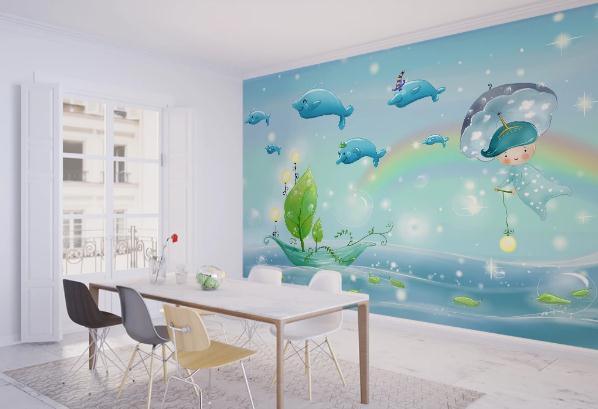 3D Cartoon Dolphin Rainbow Wall Mural Wallpaper 208- Jess Art Decoration