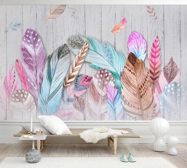 3D Hand Painted Colorful Feathers Wall Mural Wallpaper 114- Jess Art Decoration