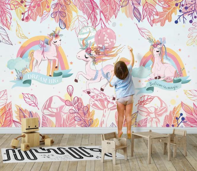 3D Nordic Fresh Pink Unicorn Wall Mural Wallpaperpe 374- Jess Art Decoration
