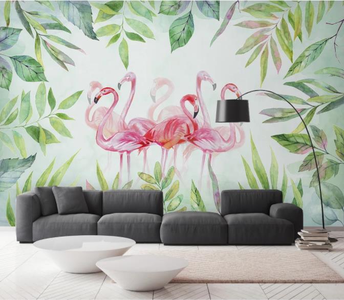 3D Nordic Fresh Green Leaves Flamingo Wall Mural Wallpaperpe  80- Jess Art Decoration