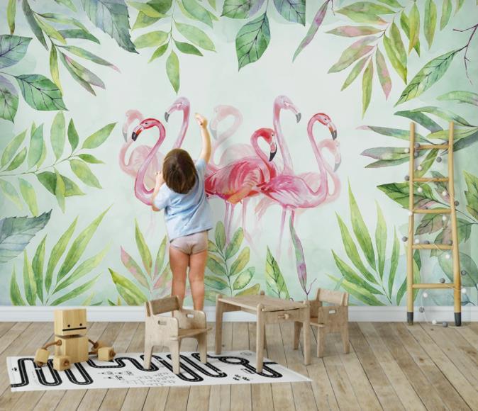 3D Nordic Fresh Green Leaves Flamingo Wall Mural Wallpaperpe  80- Jess Art Decoration