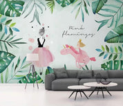 3D Nordic Fresh Pink Unicorn Green Leaves Wall Mural Wallpaperpe 376- Jess Art Decoration