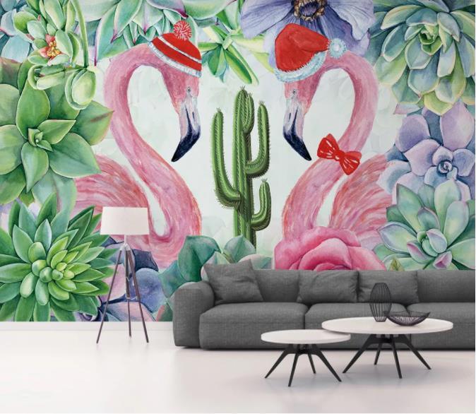 3D Nordic Fresh Pink Flamingog Green Leaves Wall Mural Wallpaperpe 241- Jess Art Decoration