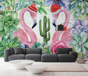 3D Nordic Fresh Pink Flamingog Green Leaves Wall Mural Wallpaperpe 241- Jess Art Decoration