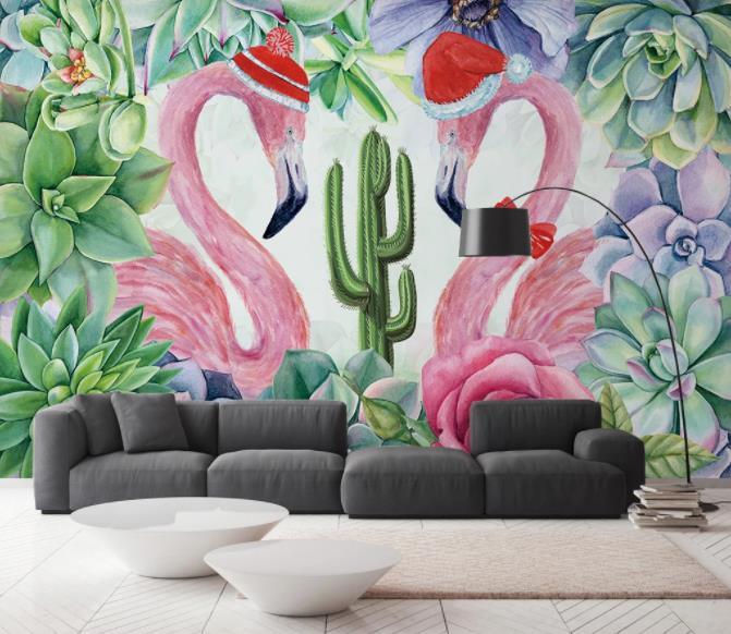 3D Nordic Fresh Pink Flamingog Green Leaves Wall Mural Wallpaperpe 241- Jess Art Decoration