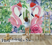 3D Nordic Fresh Pink Flamingog Green Leaves Wall Mural Wallpaperpe 241- Jess Art Decoration