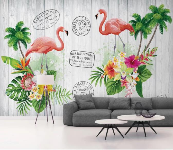 3D Nordic Fresh Flamingo Green Plant Wall Mural Wallpaperpe 2- Jess Art Decoration