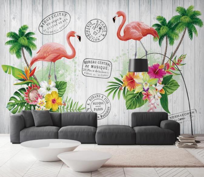 3D Nordic Fresh Flamingo Green Plant Wall Mural Wallpaperpe 2- Jess Art Decoration