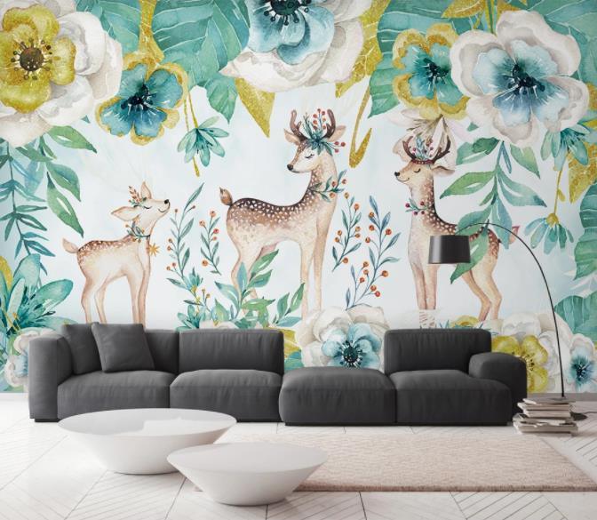 3D Nordic Hand drawing Forest Reindeer Wall Mural Wallpaperpe 281- Jess Art Decoration